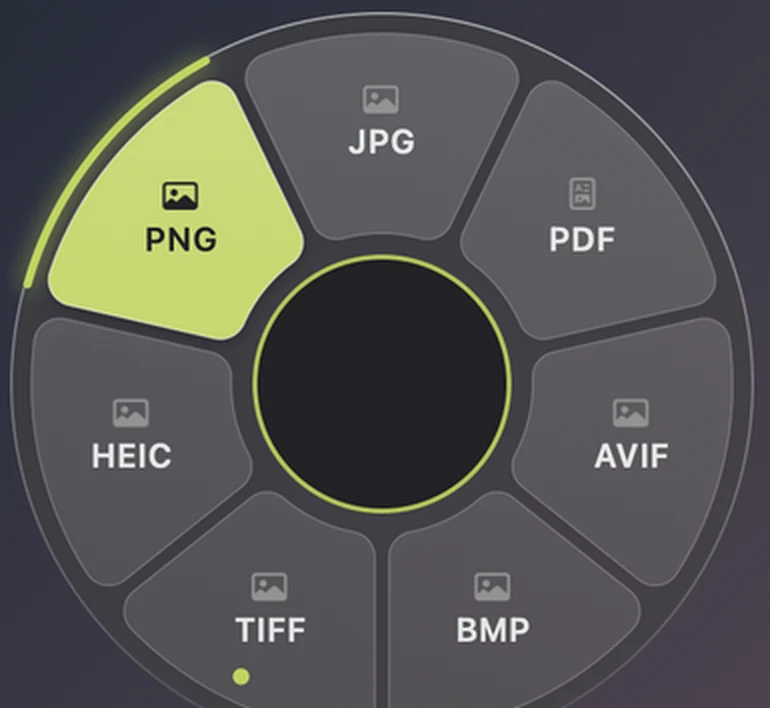 Das Formatrad von Anywey: eine Datei wird per Klick in PNG, JPG, PDF und weitere Formate umgewandelt